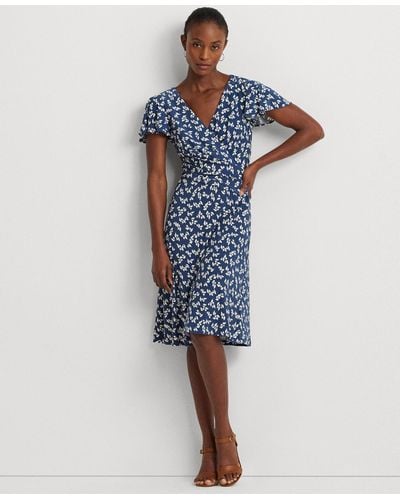 Lauren by Ralph Lauren Floral Stretch Jersey Surplice Dress - Blue