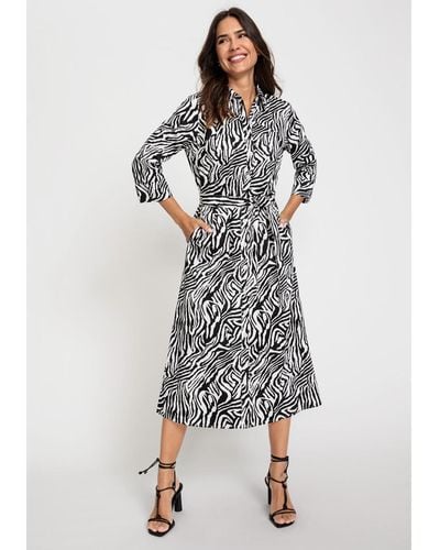 Olsen 3/4 Sleeve Zebra Print A-line Midi Shirt Dress - Gray