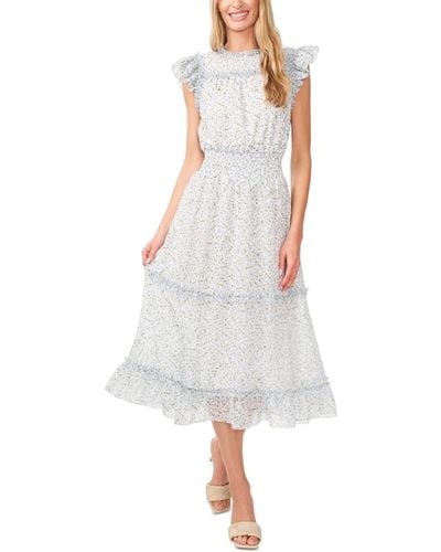 Cece Flutter-sleeve Smocked-waist Midi Dress - White