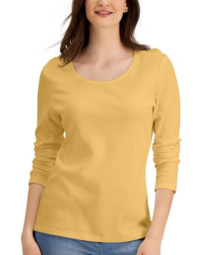 Karen Scott Long Sleeve Cotton Scoop-neckline Top - Yellow