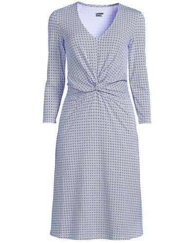 Lands' End Petite Lightweight Cotton Modal 3/4 Sleeve Fit And Flare V-neck Dress - Blue