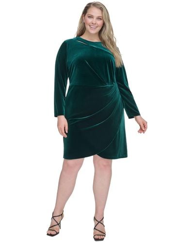 DKNY Plus Size Velvet Long-sleeve Cutout Dress - Green
