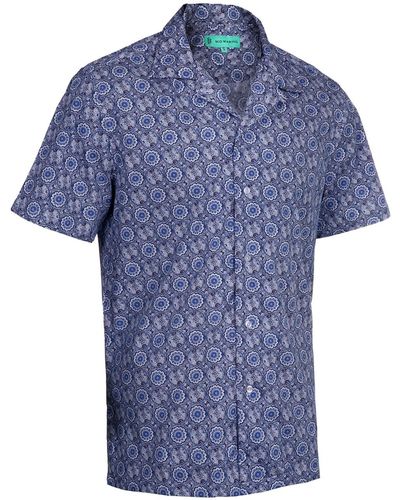Mio Marino Hawaiian Print Cotton Dress Shirts - Blue