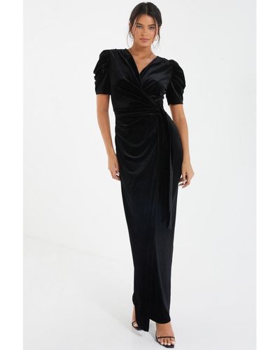 Quiz Velvet Wrap Maxi Dress With Puff Sleeves - Black