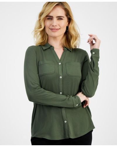 Style & Co. Petite Button-front Long-sleeve Knit Shirt - Green