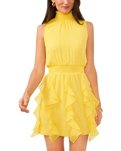 1.STATE Smocked Sleeveless Mock Neck Ruffled Mini Dress - Yellow