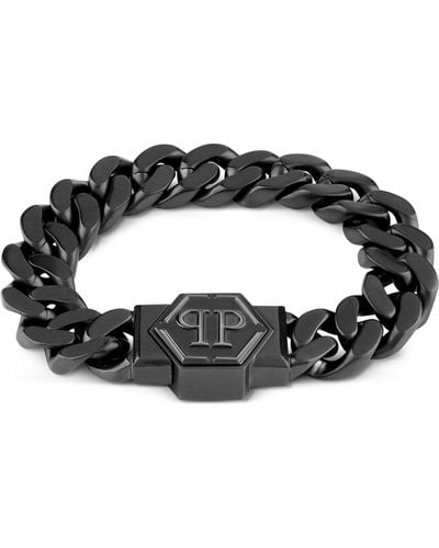 Philipp Plein Gunmetal Ip Logo Cuban Link Bracelet - Metallic
