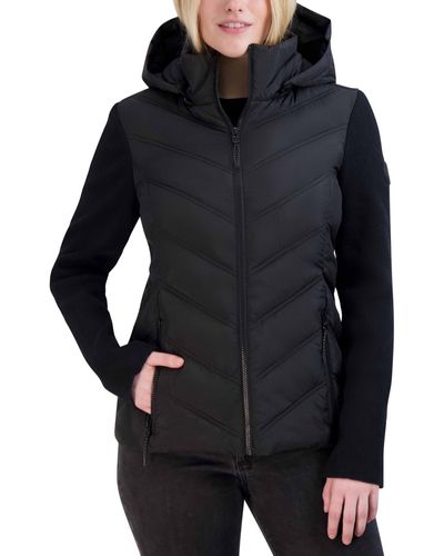 Nautica Mix-knit-sleeve Hooded Packable Puffer Coat - Black