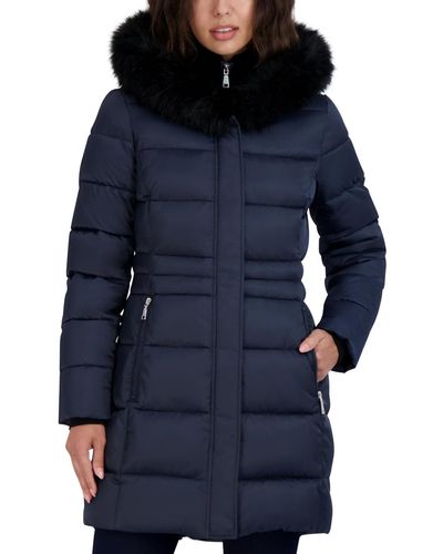 Tahari Velvet Bibbed Faux-fur-trim Hooded Puffer Coat - Blue
