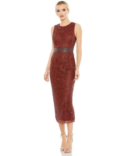 Mac Duggal Geometric Embellished Sleeveless Midi Dress - Red