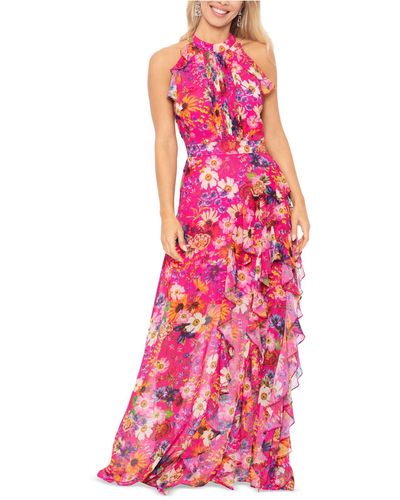 Betsy & Adam Floral-print Ruffled Halter Gown - Pink