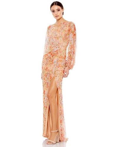 Mac Duggal Floral Print Sequined Puff Sleeve Gown - White