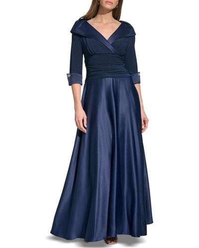 Jessica Howard Mixed-media Ruched-waist Gown - Blue