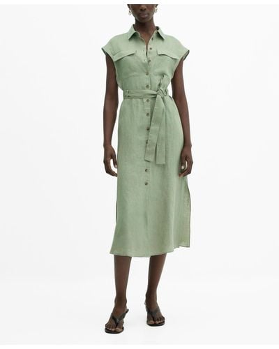 Mango 100% Linen Shirty Dress - Green