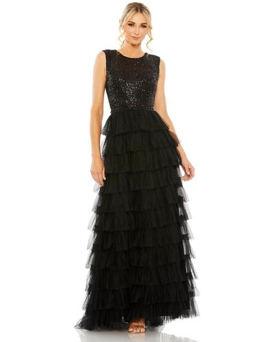 Mac Duggal Ruffle Tiered Sequin High Neck Gown - Black