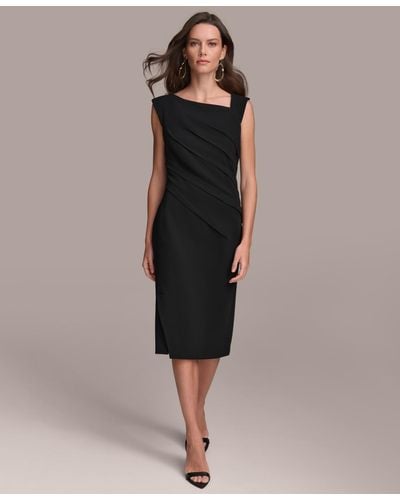 Donna Karan Asymmetric Neckline Pleat-waist Sheath Dress - Black