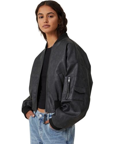Cotton On Faux Leather Cropped Bomber Jacket - Black
