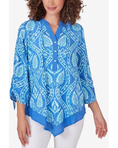 Ruby Rd. Petite Polynesian Bali Pull Over Pointed Hem Top - Blue
