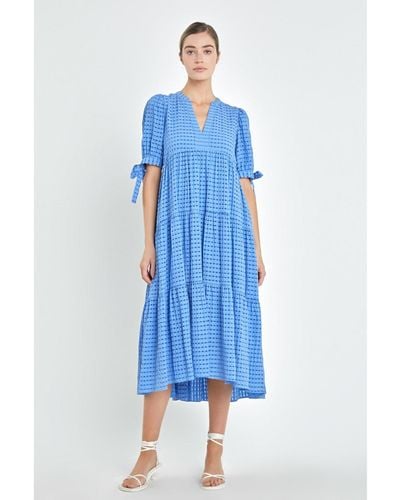 English Factory Gingham Tiered Midi Dress - Blue
