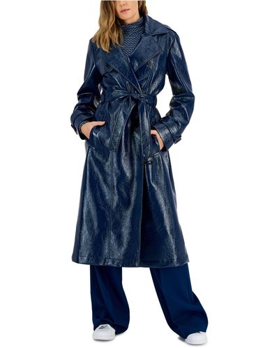 HUGO Textured Belted Notch-lapel Long Trench Coat - Blue