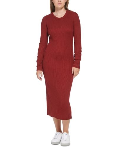 Calvin Klein Ribbed Long Sleeve Crewneck Side Slit Dress - Red