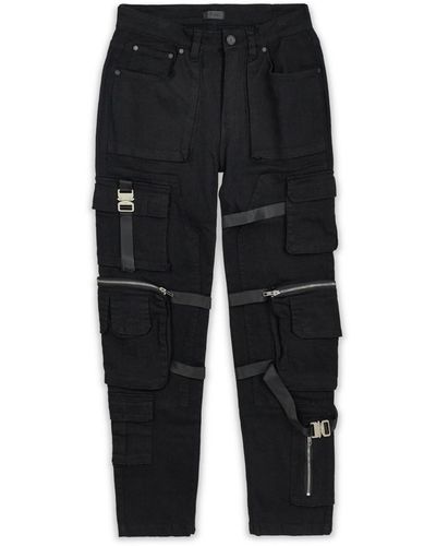 Reason Strap Detail Cargo Denim Pants - Black