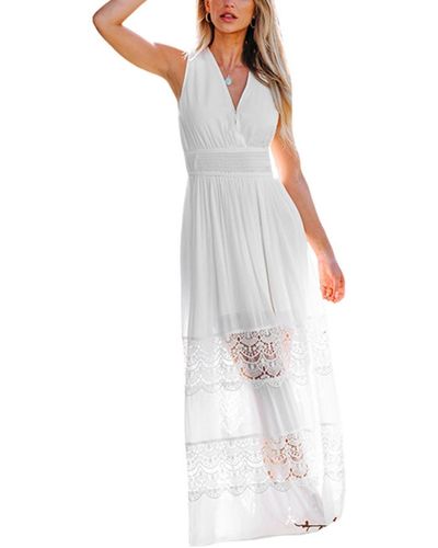CUPSHE Plunging Sleeveless Lace Maxi Beach Dress - White