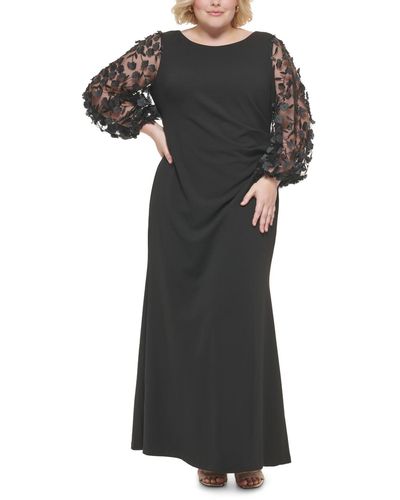 Eliza J Plus Size 3d Floral Appliqued-sleeve Gown - Black