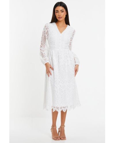 Quiz Crochet Lace Long Sleeve Midi Dress - White