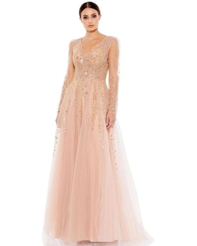 Mac Duggal Embellished V Neck Long Sleeve A Line Gown - Pink