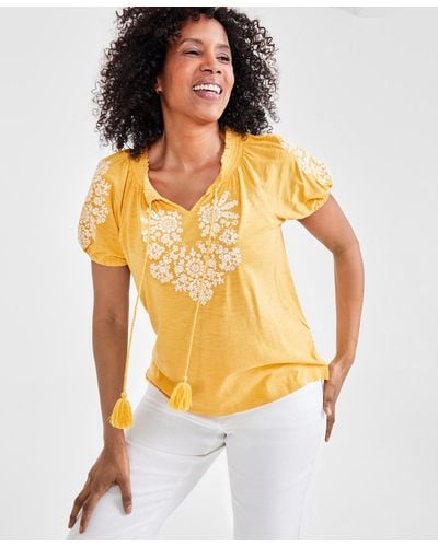 Style & Co. Petite Vacay Embroidered Tassel-tie Top - Yellow