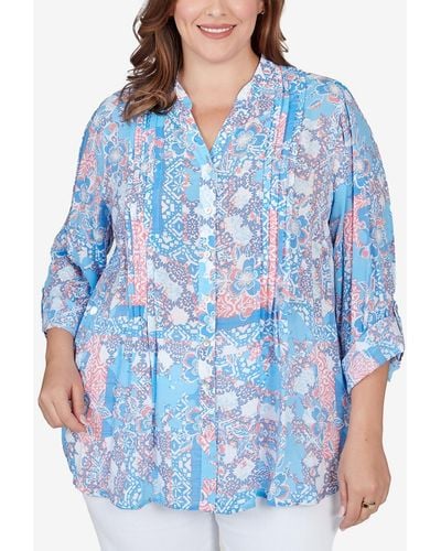 Ruby Rd. Plus Size Silky Gauze Patio Party Patchwork Button Front Top - Blue