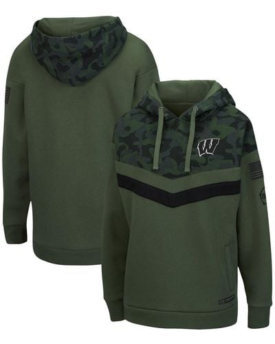 Colosseum Athletics Olive And Camo Wisconsin Badgers Oht Military-inspired Appreciation Extraction Chevron Pullover Hoodie - Green