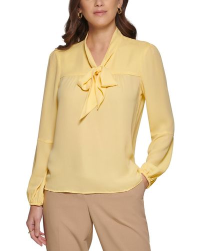 DKNY Petite Long Sleeve Bow Blouse - Yellow
