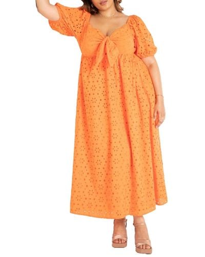 Eloquii Plus Size Eyelet Tie Front Maxi Dress - Orange