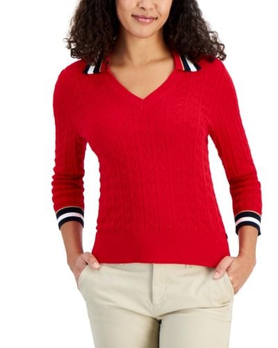 Tommy Hilfiger Cotton Striped-collar Cable-knit Sweater - Red