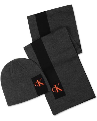 Calvin Klein Silicone Ck Monogram Logo Scarf & Beanie Hat Set - Black