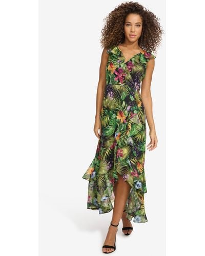 Kensie Floral-print Chiffon Ruffled Maxi Dress - Green