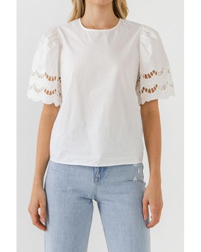 English Factory Mixed Media Lace Trim Knit Top - White