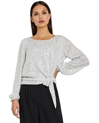 Tahari Sequin Tie-hem Blouse - White