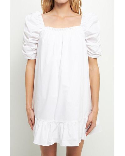 English Factory Shirred Puff Sleeve Mini Dress - White