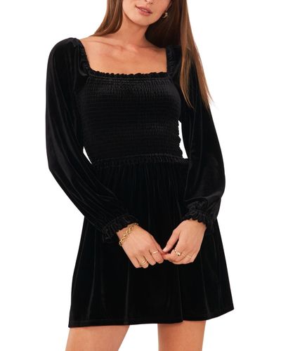 1.STATE Velvet Smocked Bodice Long Sleeve Dress - Black