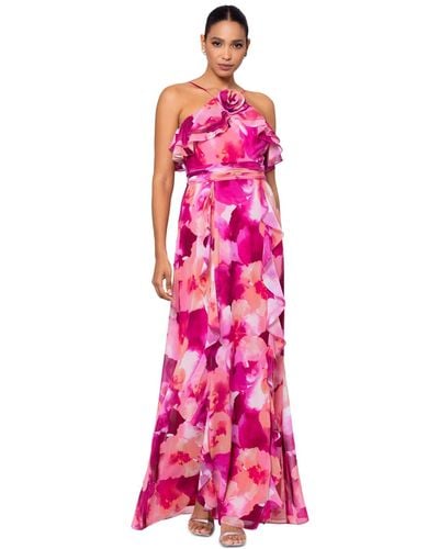 Xscape Floral-print Rosette Halter Gown - Pink