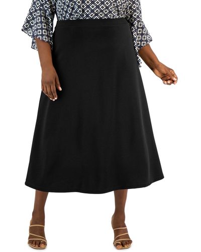 Kasper Plus Size Solid Pull-on Seamed Midi Skirt - Black