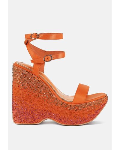 LONDON RAG Richness Rhinestones Embellished Ultra High Wedge Sandals - Orange