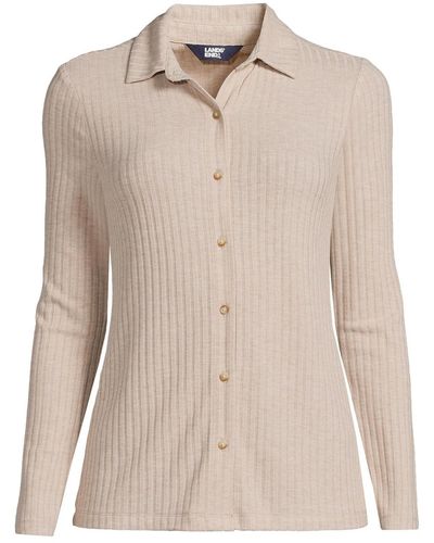 Lands' End Long Sleeve Wide Rib Button Front Polo Shirt - Natural