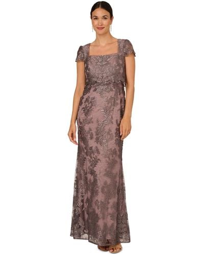 Adrianna Papell Metallic Embroidered Popover Gown - Brown
