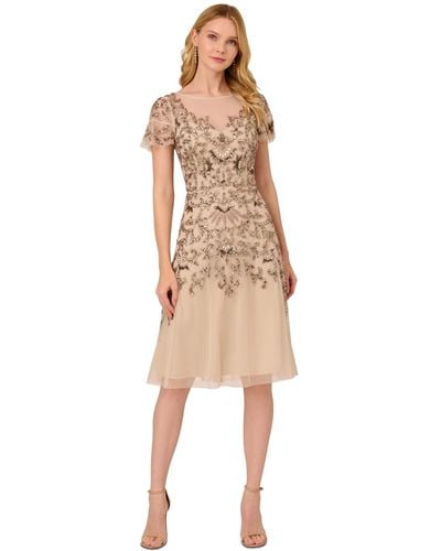 Adrianna Papell Embellished Flutter-sleeve Dress - Natural