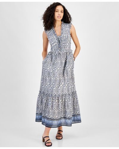Tommy Hilfiger Printed Cotton Sleeveless Midi Dress - Blue