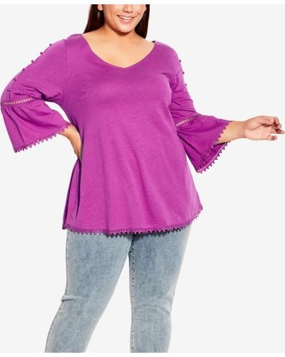 Avenue Plus Size Crochet Split Sleeve Top - Purple